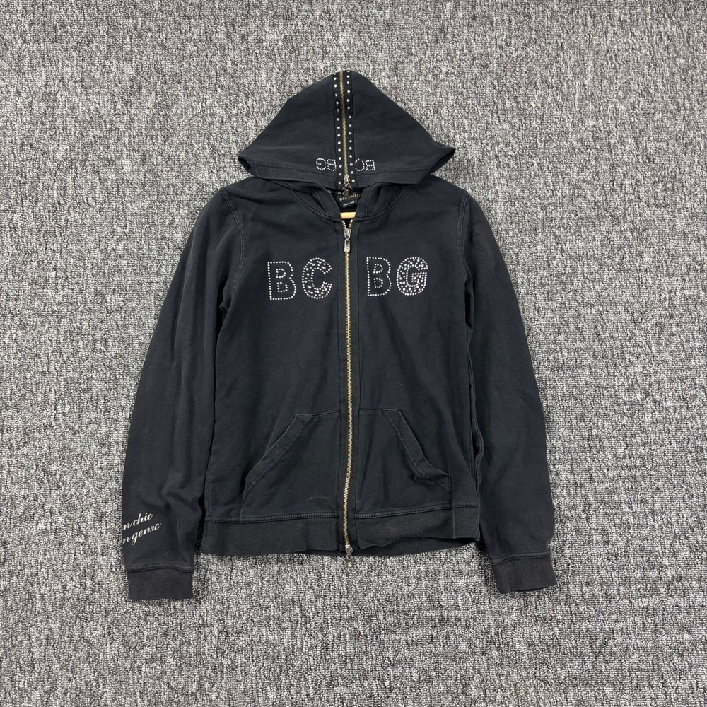 Grunge Y2K BCBGMAXAZRIA McBling Studded Rhinestone Zip Up Hoodie Black Small